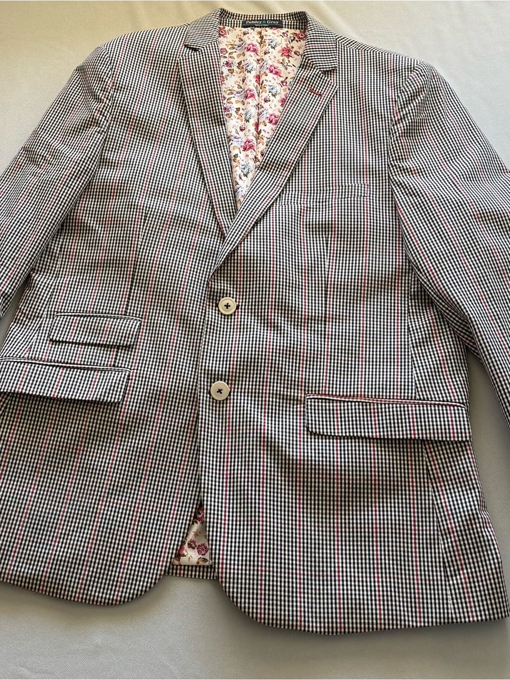 Paisley & Gray 44R Skinny Fit Gingham Plaid Blazer Sport Coat Floral Lining